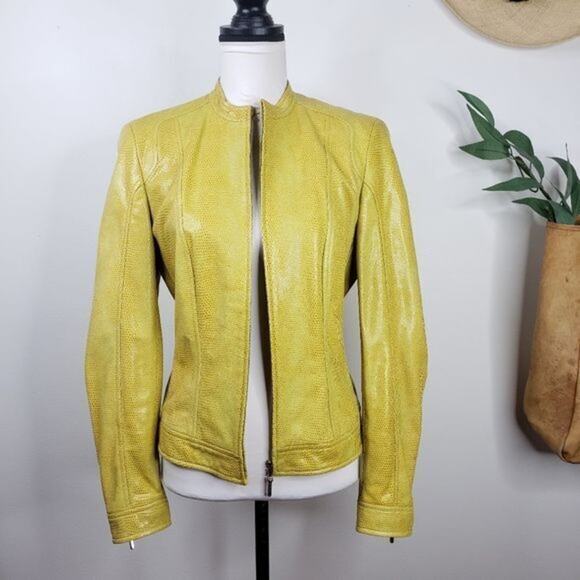 Vtg Escada Yellow Lamb Leather Jacket Women S M 36 Quiet Luxury Modern Sleek - Picture 7 of 16